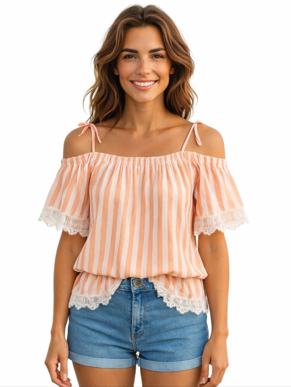SOHO NY & Co Women's Peach Striped Off-Shoulder Top with Lace Trim Size Small